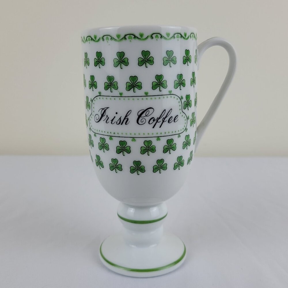 Vintage Irish Coffee Mug Footed Pedestal Green lucky Clover Shamrock 1345, Japan
